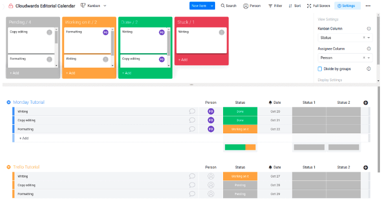 monday.com board, Kanban view