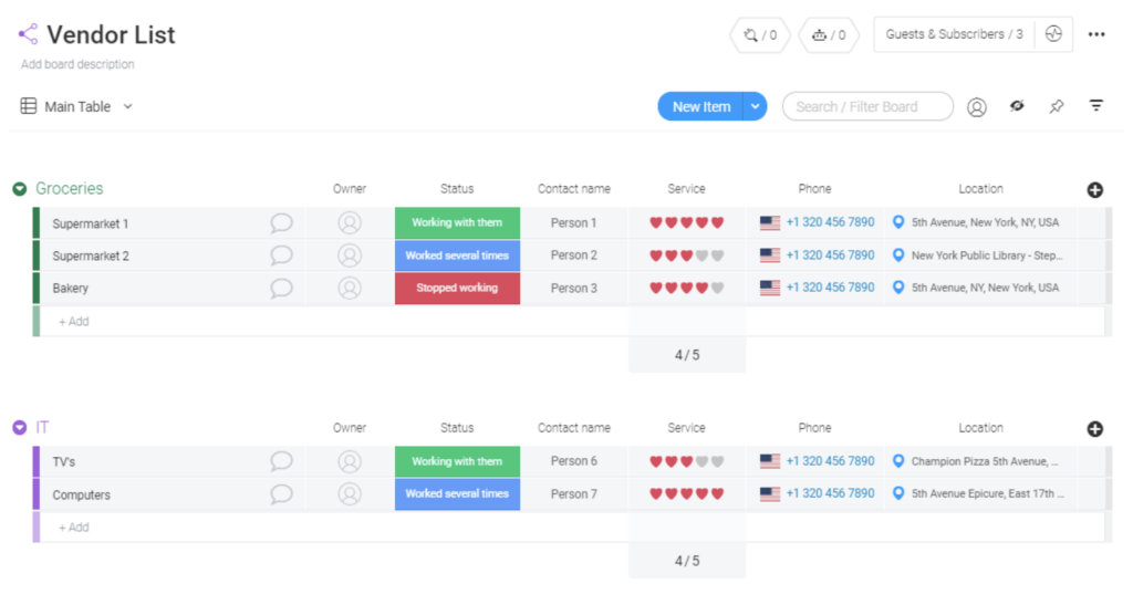 Vendor list template in monday.com